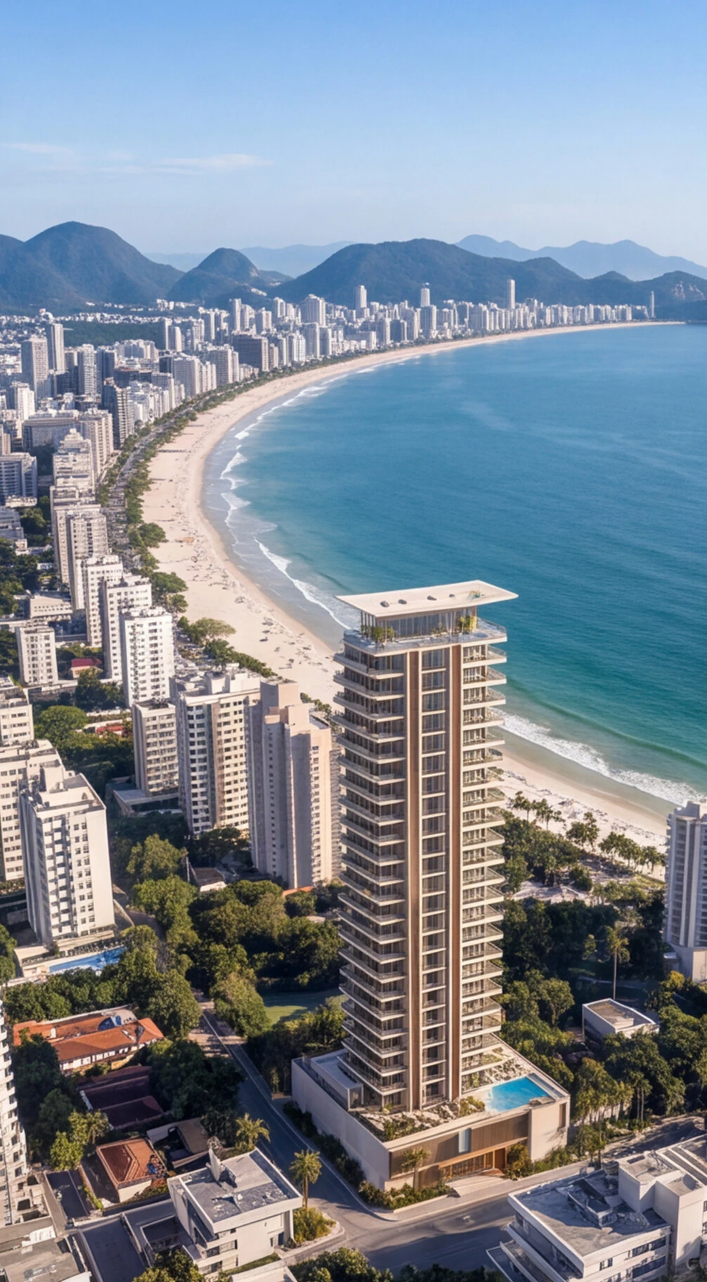 Torre residencial vista do alto junto à orla e à paisagem urbana — BRISAS