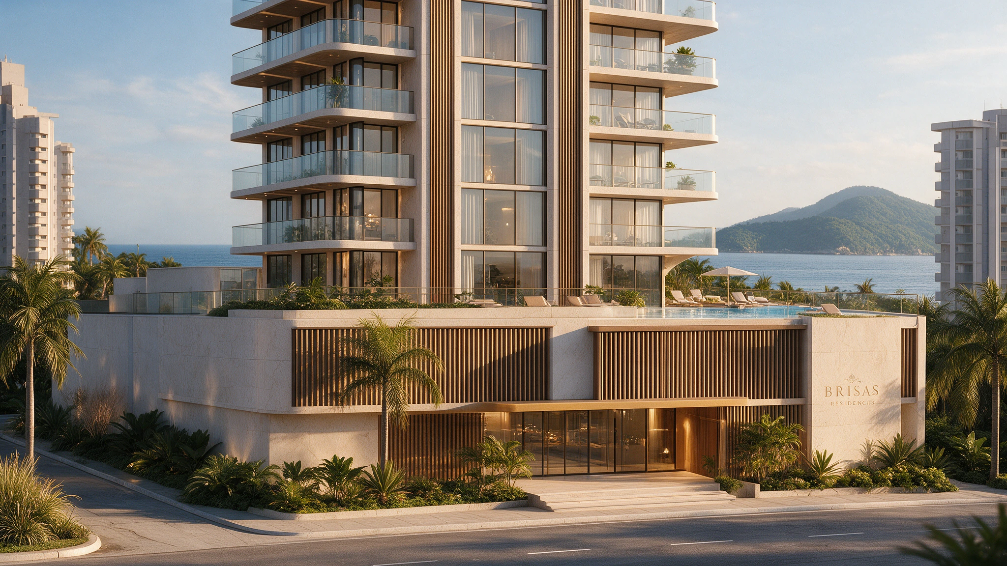 Embasamento da torre residencial com acesso, jardim e varandas sobrepostas — BRISAS