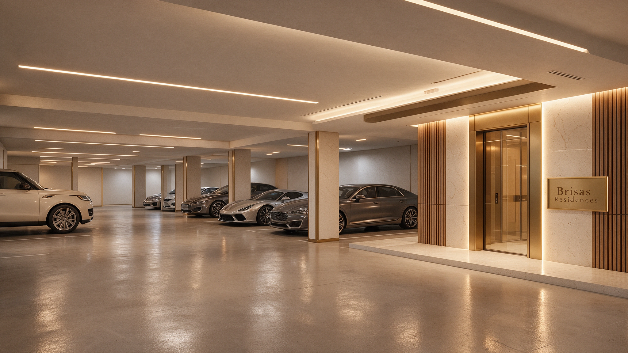 Garagem com circulação de veículos, iluminação linear e acesso aos elevadores — BRISAS