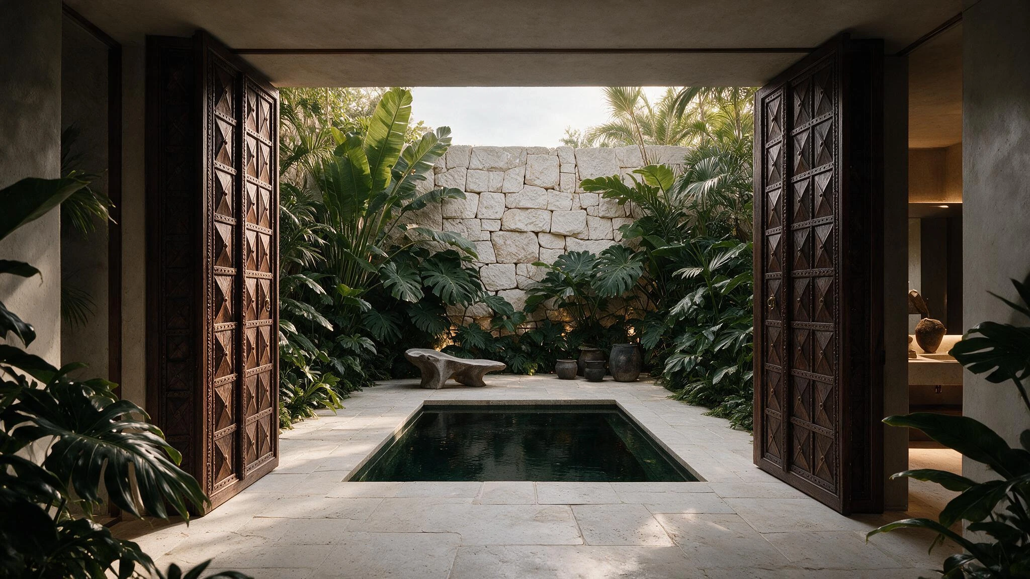 Interior aberto para um pátio com piscina e vegetação junto à pedra — ÉDEM