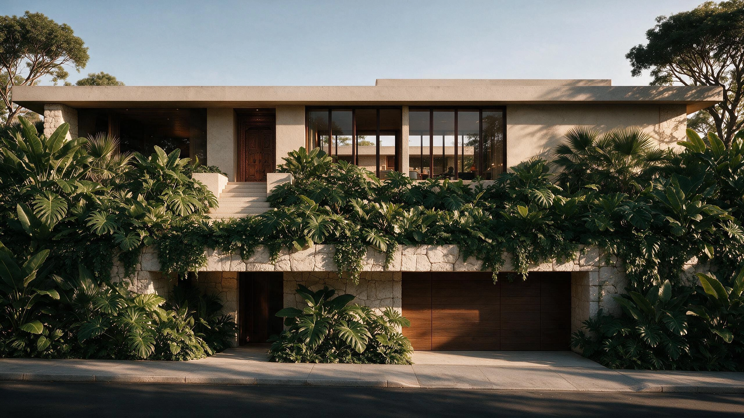 Vista da fachada em pedra com garagem e jardim tropical — ÉDEM