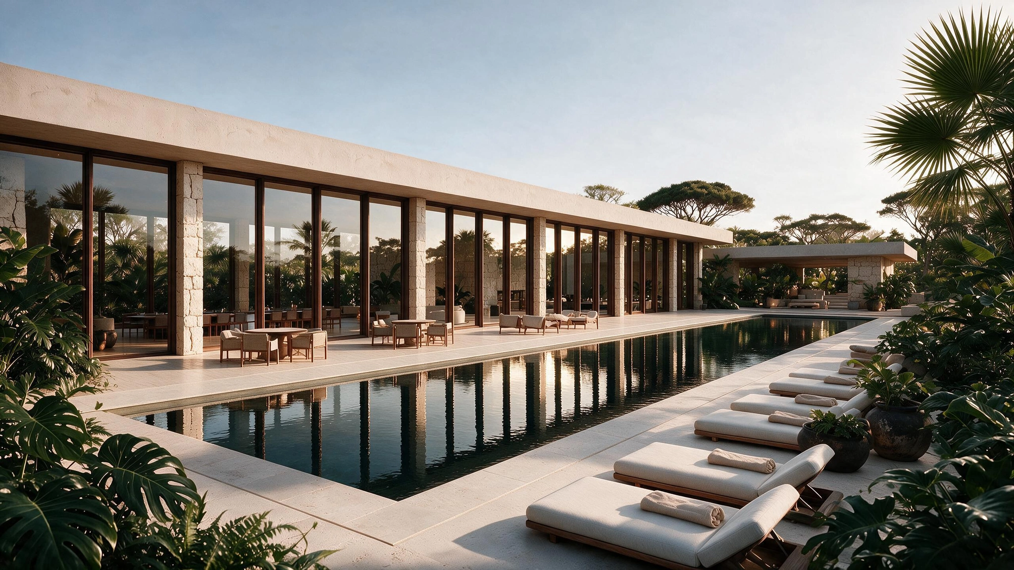 Fachada horizontal envidraçada ao longo da piscina, com espreguiçadeiras — ÉDEM