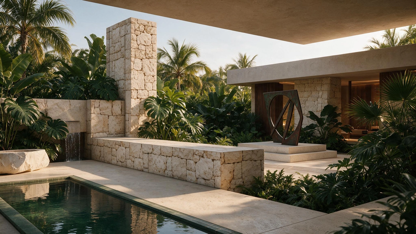 Planos de pedra junto à piscina sob uma cobertura de concreto — ÉDEM