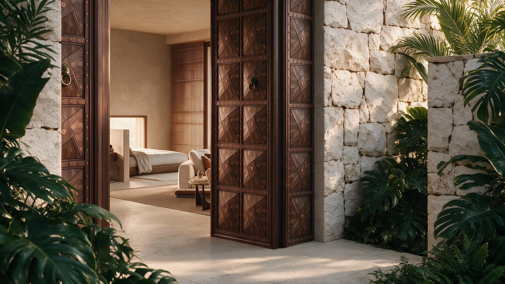 Parede de pedra com vegetação tropical iluminada pelo sol — ÉDEM