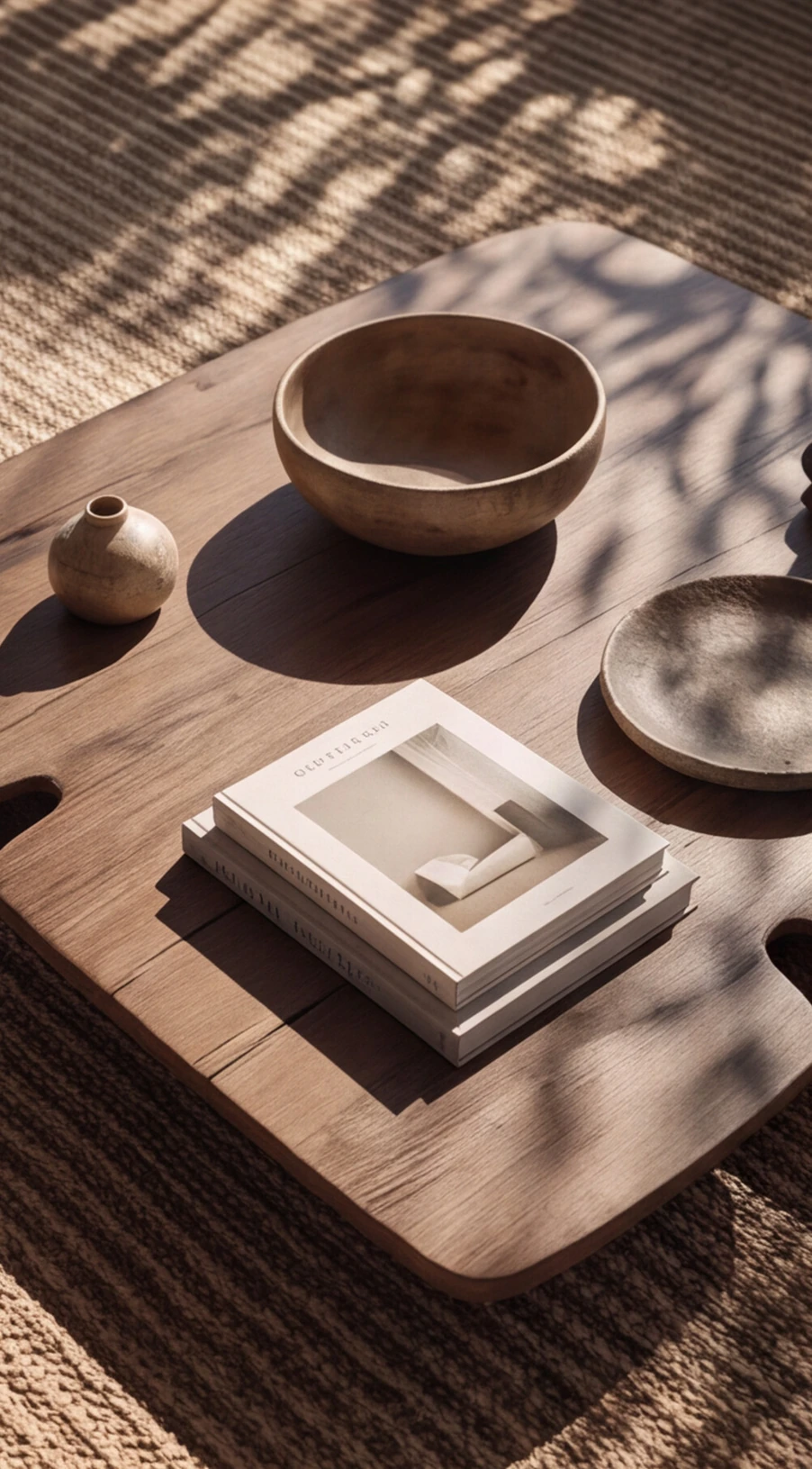 Sombras de folhagens sobre uma mesa com objetos cerâmicos — ÉDEM II