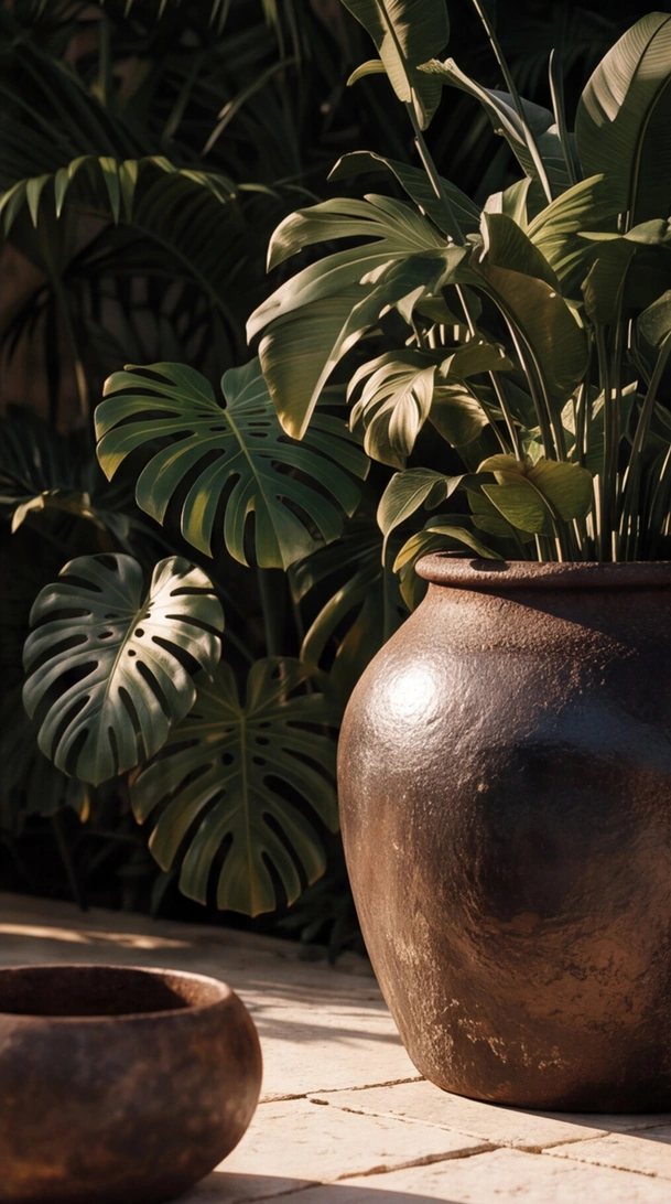 Vaso cerâmico entre folhagens junto ao interior em madeira — ÉDEM II