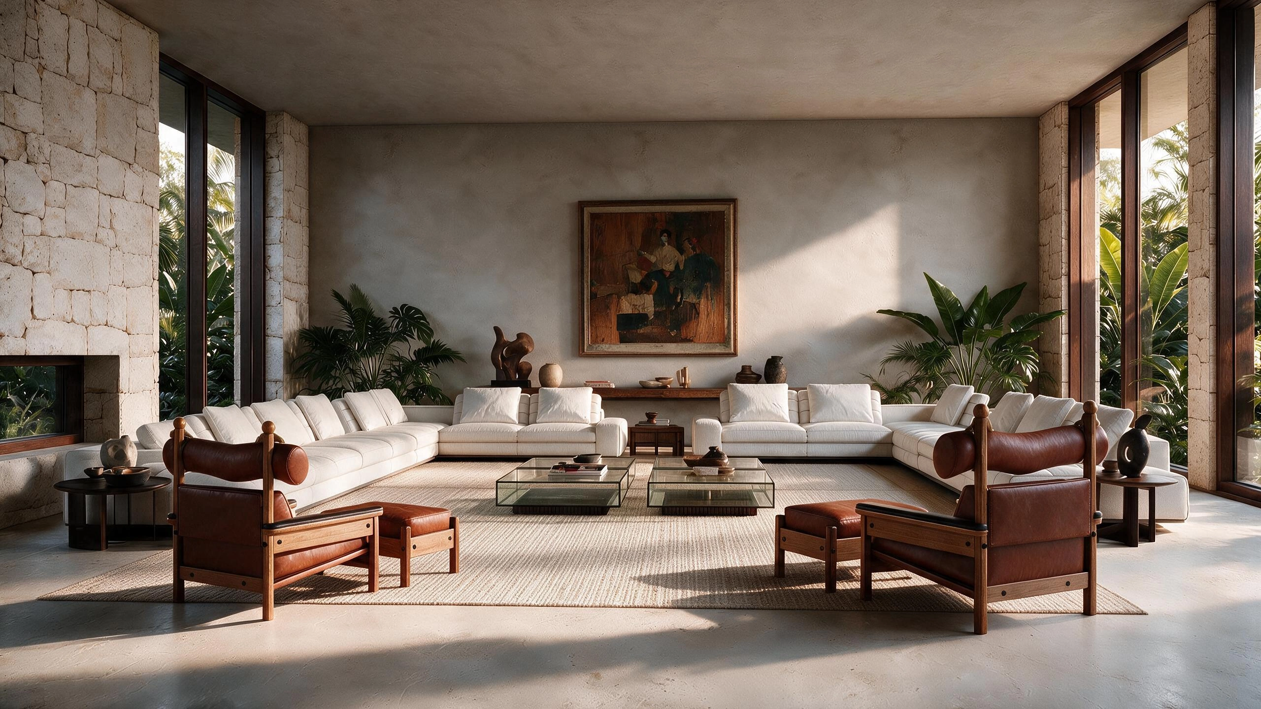 Sala com sofás claros, mobiliário em madeira e jardim visto pelas aberturas — ÉDEM II