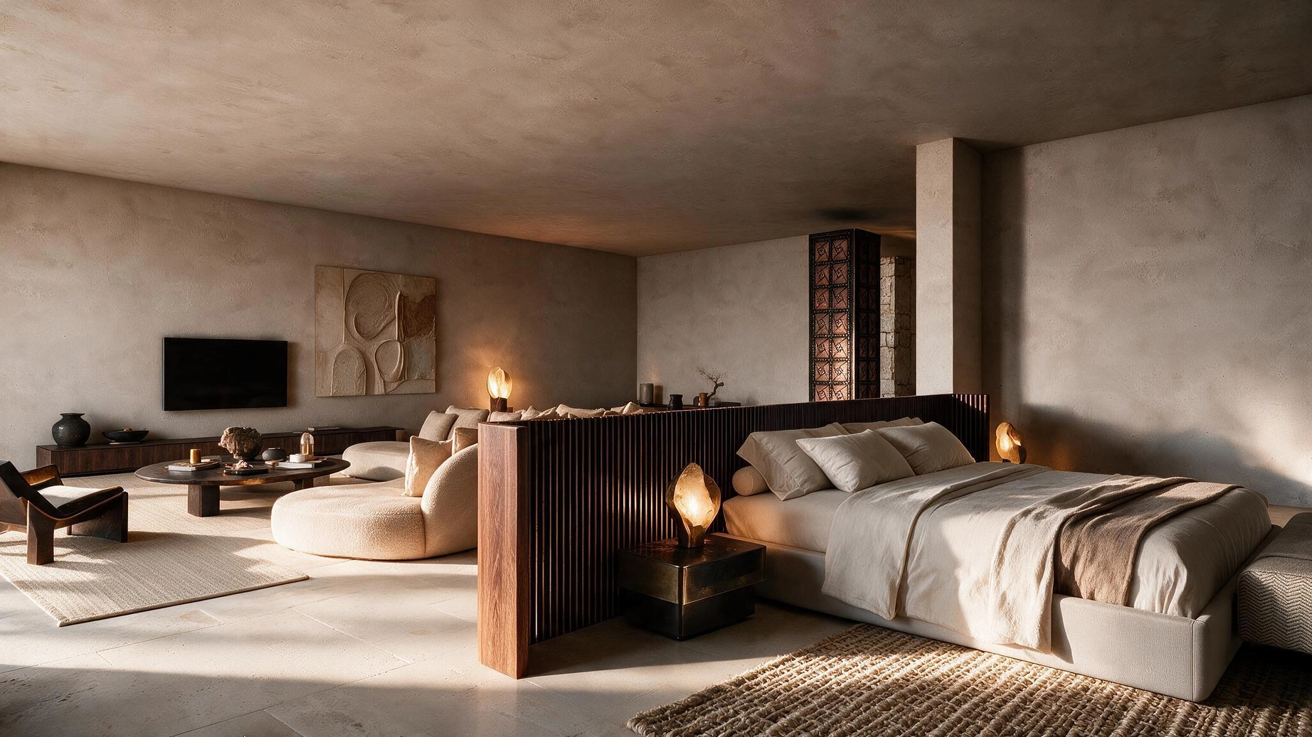 Quarto e área de estar com superfícies em madeira e luz natural — ÉDEM II