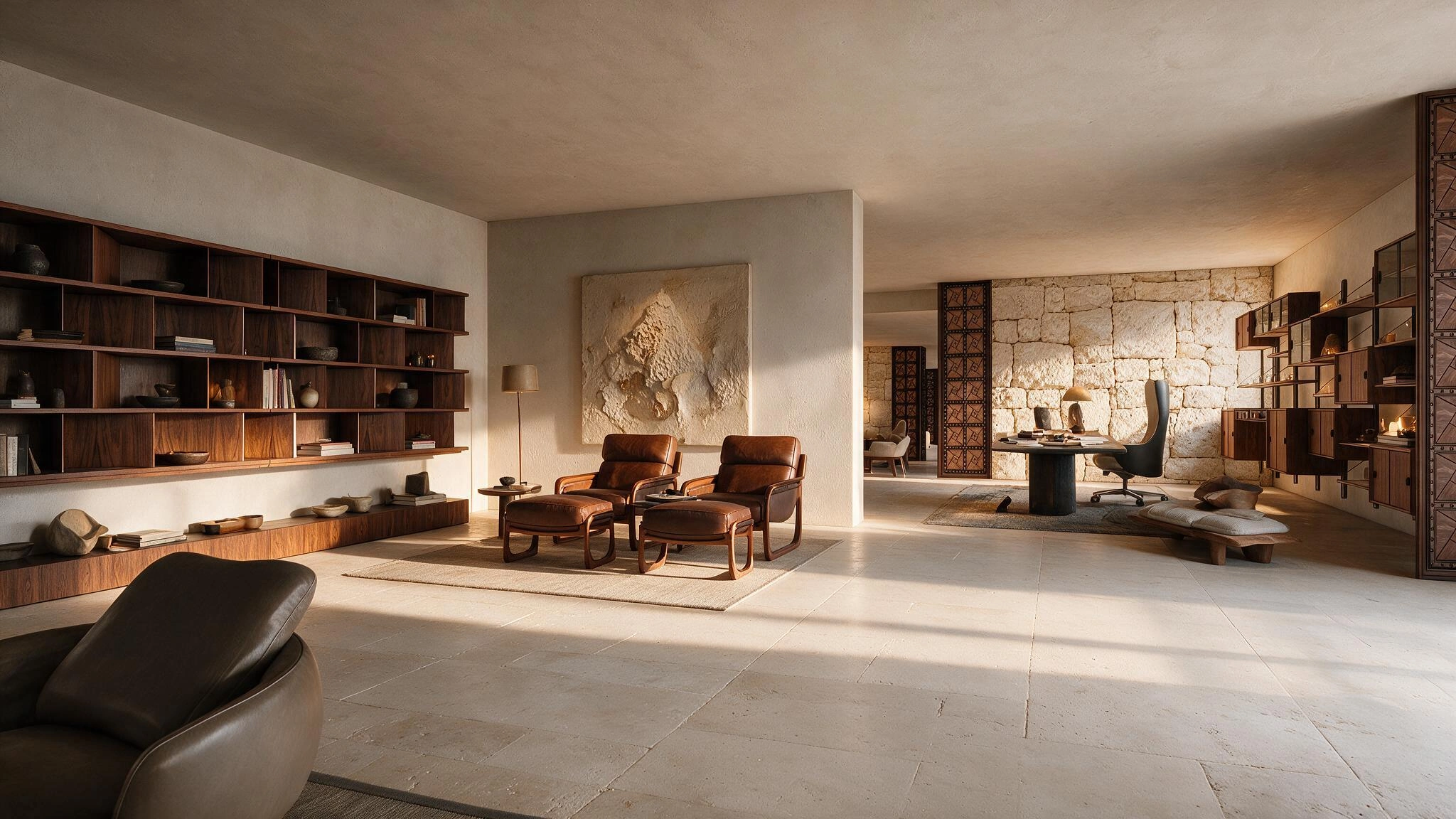 Interior com parede de pedra, marcenaria e estante junto à sala — ÉDEM II