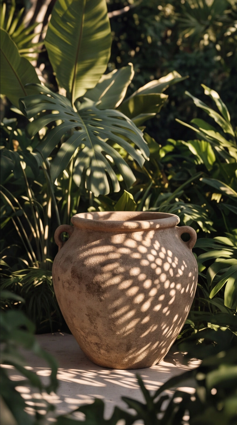 Vaso cerâmico com folhagens e sombras em um detalhe do interior — ÉDEM II