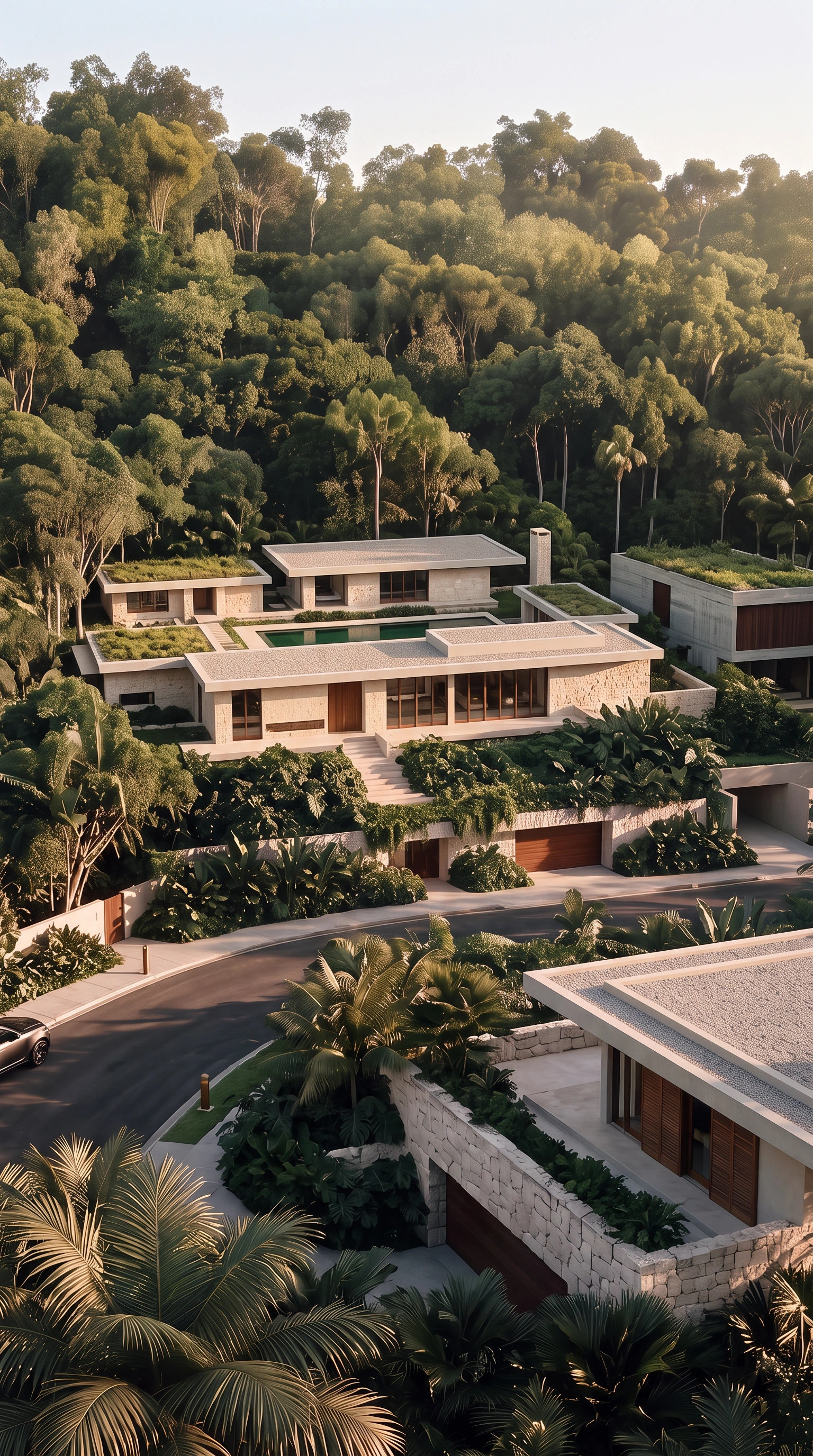 Vista aérea dos volumes, pátios e jardim — ÉDEM